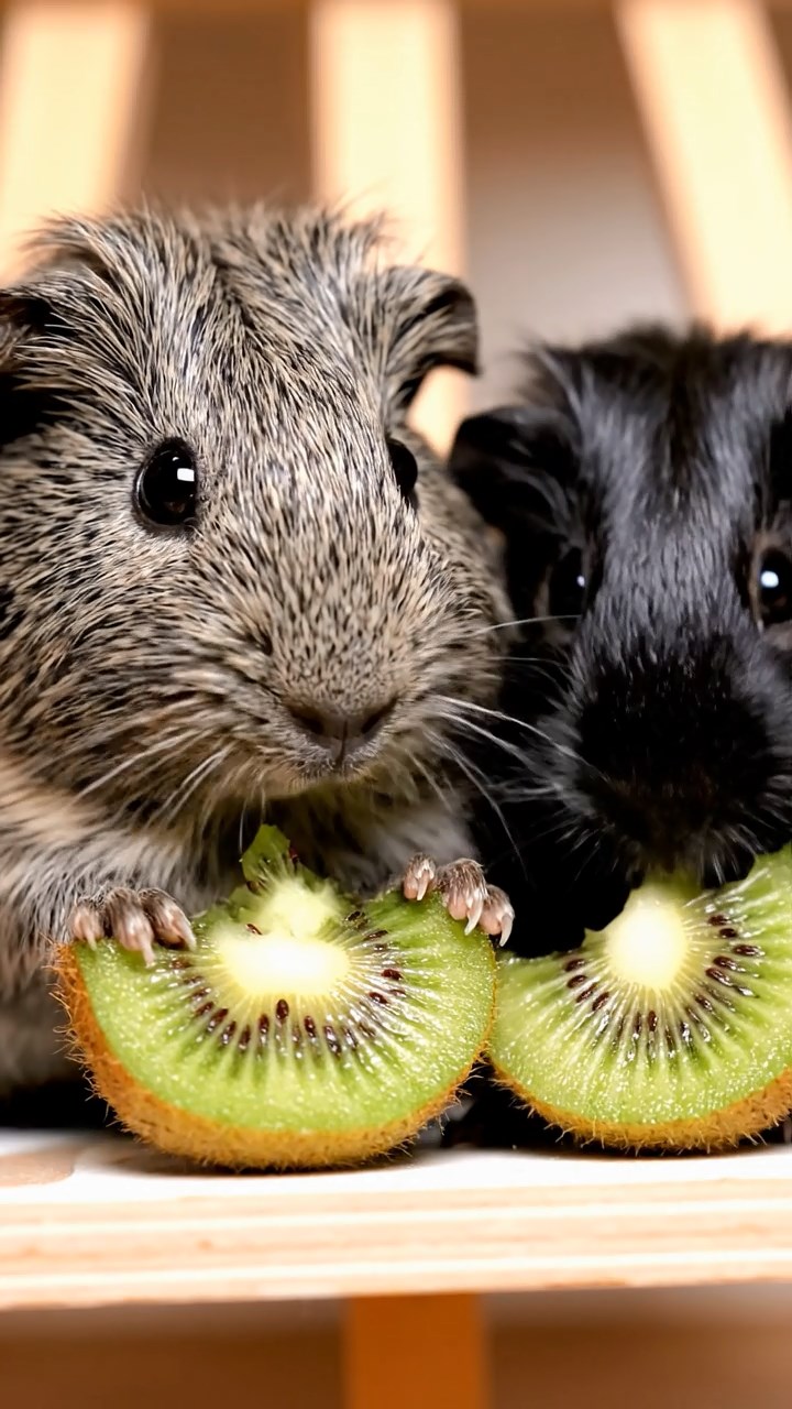 695. Highly detailed view of 5 smooth-haired Himalayan guinea pigs with White, Orange, Gray, Black, and Brown fur, foraging for wild herbs in a lush meadow with wildflowers and a babbling brook, under soft morning light, creating a realistic, serene pastoral scene.