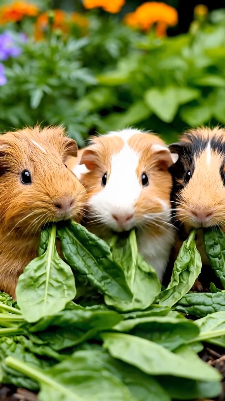 696. Realistic scene of 1 smooth-haired Californian guinea pig with Cream fur, nibbling on strawberries, in a fragrant rose garden with blooming red and white roses, under warm sunlight, capturing a vivid, lifelike romantic moment.
