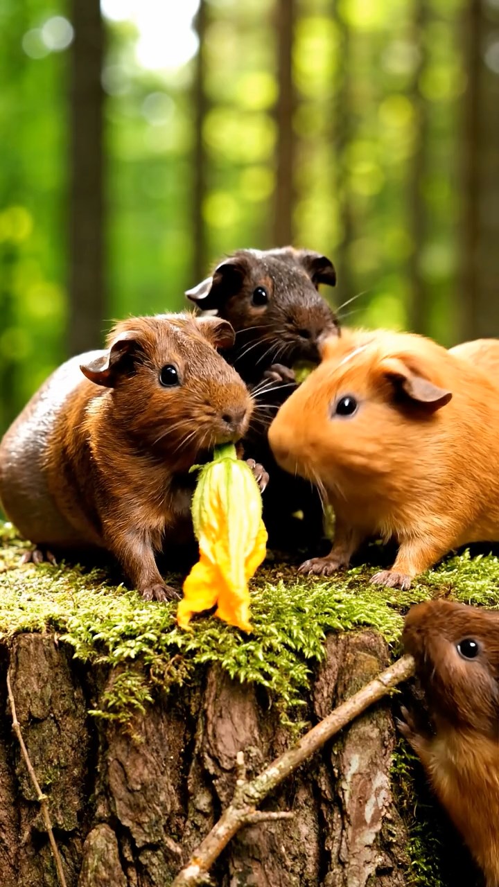 697. Detailed photo of 2 smooth-haired American guinea pigs with Fawn and Sable fur, dressed as bakers in tiny aprons, baking bread in a guinea pig bakery with hay ovens and wooden counters, under soft lamplight, creating a realistic, cozy culinary scene.