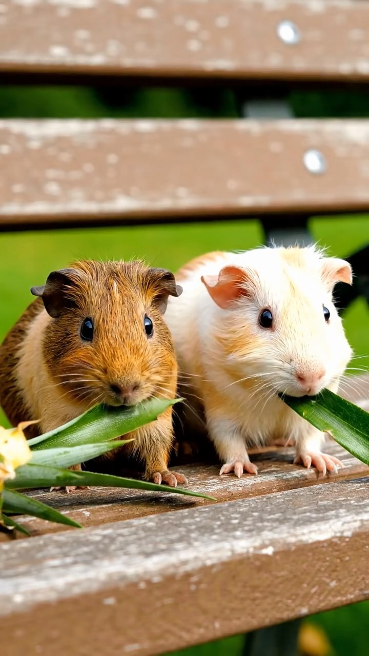 700. Realistic scene of 5 smooth-haired Californian guinea pigs with Cream, Fawn, Sable, Gray, and Cinnamon fur, sleeping in a cozy pile in a lush meadow with wildflowers and a gentle breeze, under golden sunlight, capturing a lifelike, tranquil group moment.