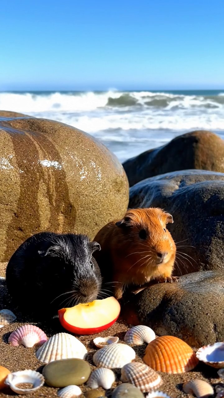 702. Photorealistic scene of 2 smooth-haired Teddy guinea pigs with Orange and Black fur, dressed as chefs in tiny aprons, preparing miniature pasta dishes in a cozy guinea pig kitchen with hay counters and wooden shelves, under warm lamplight, capturing a vivid, lifelike culinary moment.