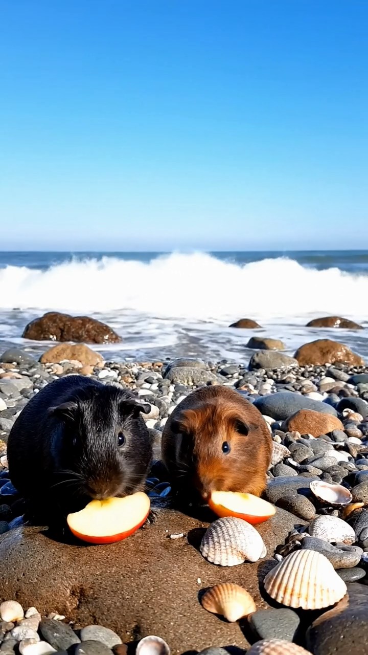 702. Photorealistic scene of 2 smooth-haired Teddy guinea pigs with Orange and Black fur, dressed as chefs in tiny aprons, preparing miniature pasta dishes in a cozy guinea pig kitchen with hay counters and wooden shelves, under warm lamplight, capturing a vivid, lifelike culinary moment.
