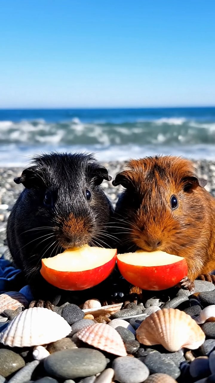 702. Photorealistic scene of 2 smooth-haired Teddy guinea pigs with Orange and Black fur, dressed as chefs in tiny aprons, preparing miniature pasta dishes in a cozy guinea pig kitchen with hay counters and wooden shelves, under warm lamplight, capturing a vivid, lifelike culinary moment.