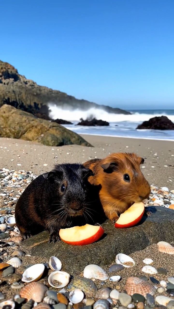 702. Photorealistic scene of 2 smooth-haired Teddy guinea pigs with Orange and Black fur, dressed as chefs in tiny aprons, preparing miniature pasta dishes in a cozy guinea pig kitchen with hay counters and wooden shelves, under warm lamplight, capturing a vivid, lifelike culinary moment.