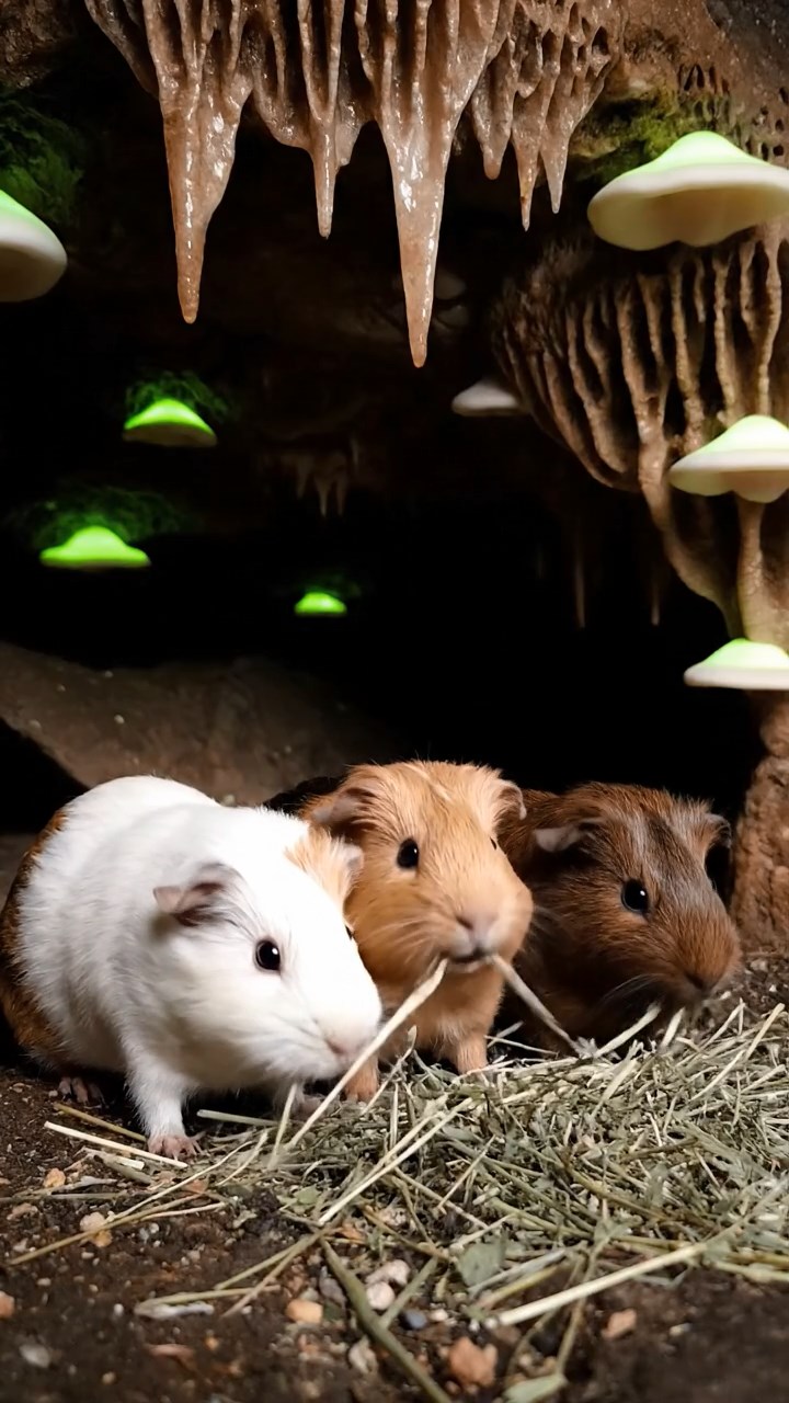 703. Highly detailed view of 3 smooth-haired Himalayan guinea pigs with Gray, Cream, and Brown fur, squeaking to communicate in a dense fern grove with soft moss and scattered twigs, under dappled sunlight, creating a realistic, immersive scene of natural interaction.