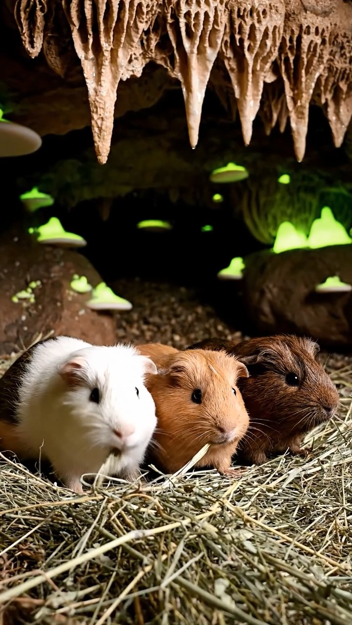 703. Highly detailed view of 3 smooth-haired Himalayan guinea pigs with Gray, Cream, and Brown fur, squeaking to communicate in a dense fern grove with soft moss and scattered twigs, under dappled sunlight, creating a realistic, immersive scene of natural interaction.