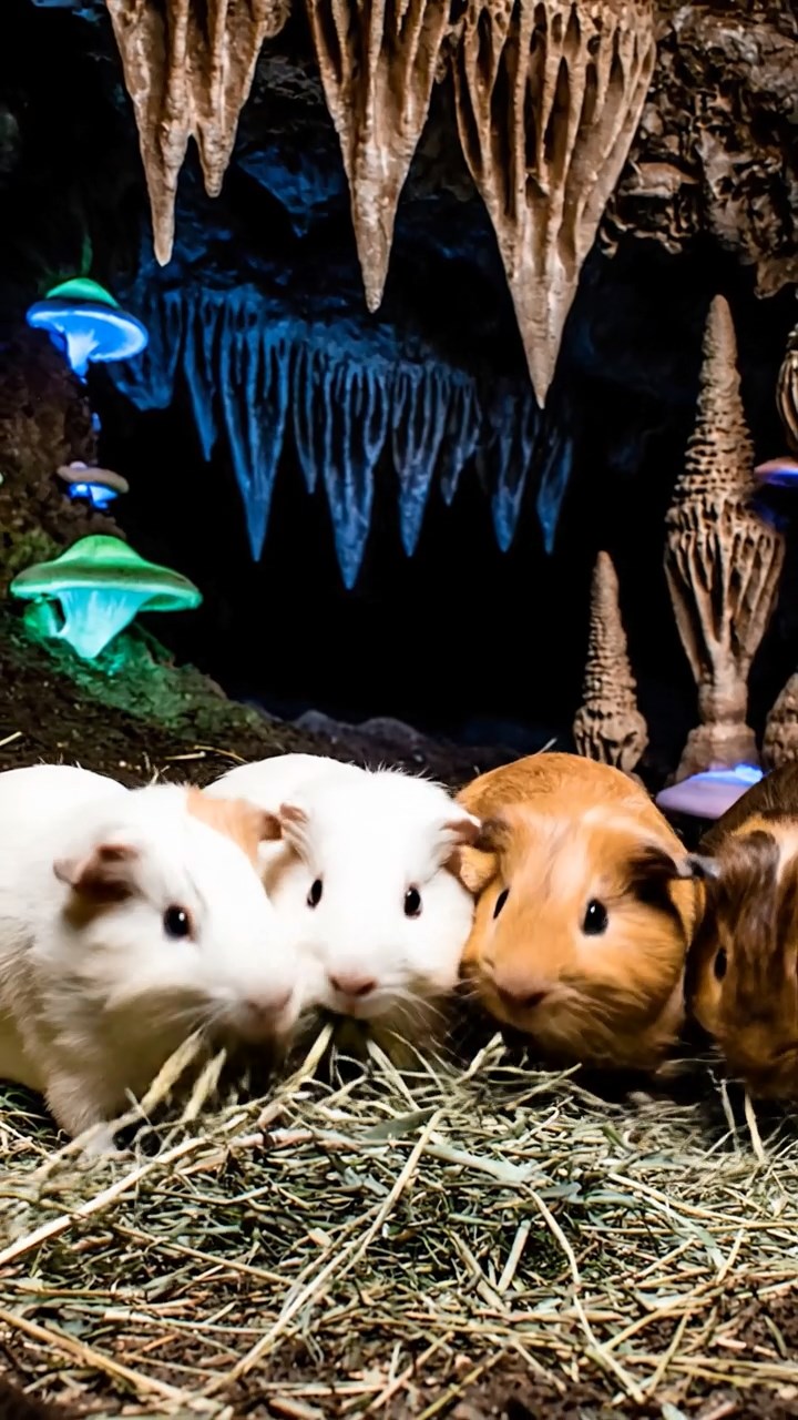 703. Highly detailed view of 3 smooth-haired Himalayan guinea pigs with Gray, Cream, and Brown fur, squeaking to communicate in a dense fern grove with soft moss and scattered twigs, under dappled sunlight, creating a realistic, immersive scene of natural interaction.