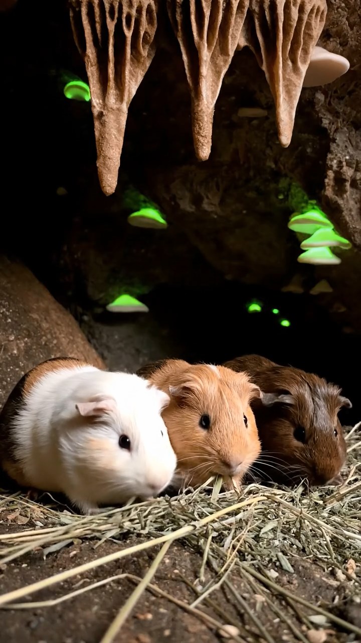 703. Highly detailed view of 3 smooth-haired Himalayan guinea pigs with Gray, Cream, and Brown fur, squeaking to communicate in a dense fern grove with soft moss and scattered twigs, under dappled sunlight, creating a realistic, immersive scene of natural interaction.