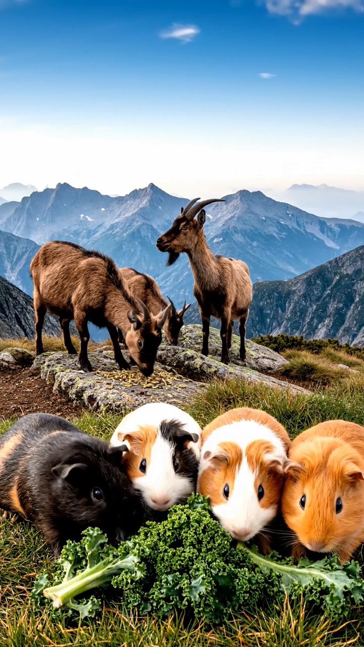 705. Detailed photo of 5 smooth-haired American guinea pigs with White, Orange, Gray, Black, and Brown fur, nest-building with twigs and grass in a tranquil forest glade with soft ferns and a babbling brook, under gentle morning light, creating a vivid, realistic scene of cooperative effort.