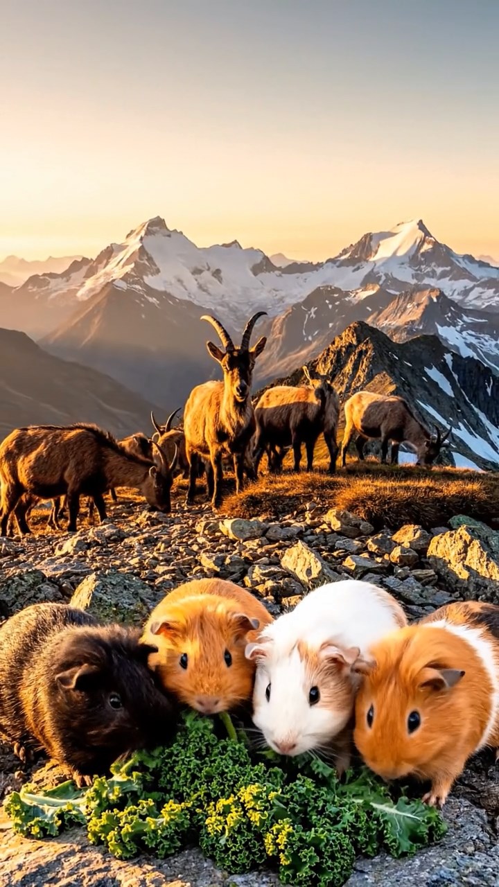705. Detailed photo of 5 smooth-haired American guinea pigs with White, Orange, Gray, Black, and Brown fur, nest-building with twigs and grass in a tranquil forest glade with soft ferns and a babbling brook, under gentle morning light, creating a vivid, realistic scene of cooperative effort.