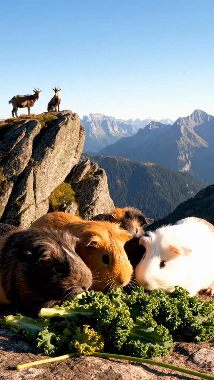 705. Detailed photo of 5 smooth-haired American guinea pigs with White, Orange, Gray, Black, and Brown fur, nest-building with twigs and grass in a tranquil forest glade with soft ferns and a babbling brook, under gentle morning light, creating a vivid, realistic scene of cooperative effort.