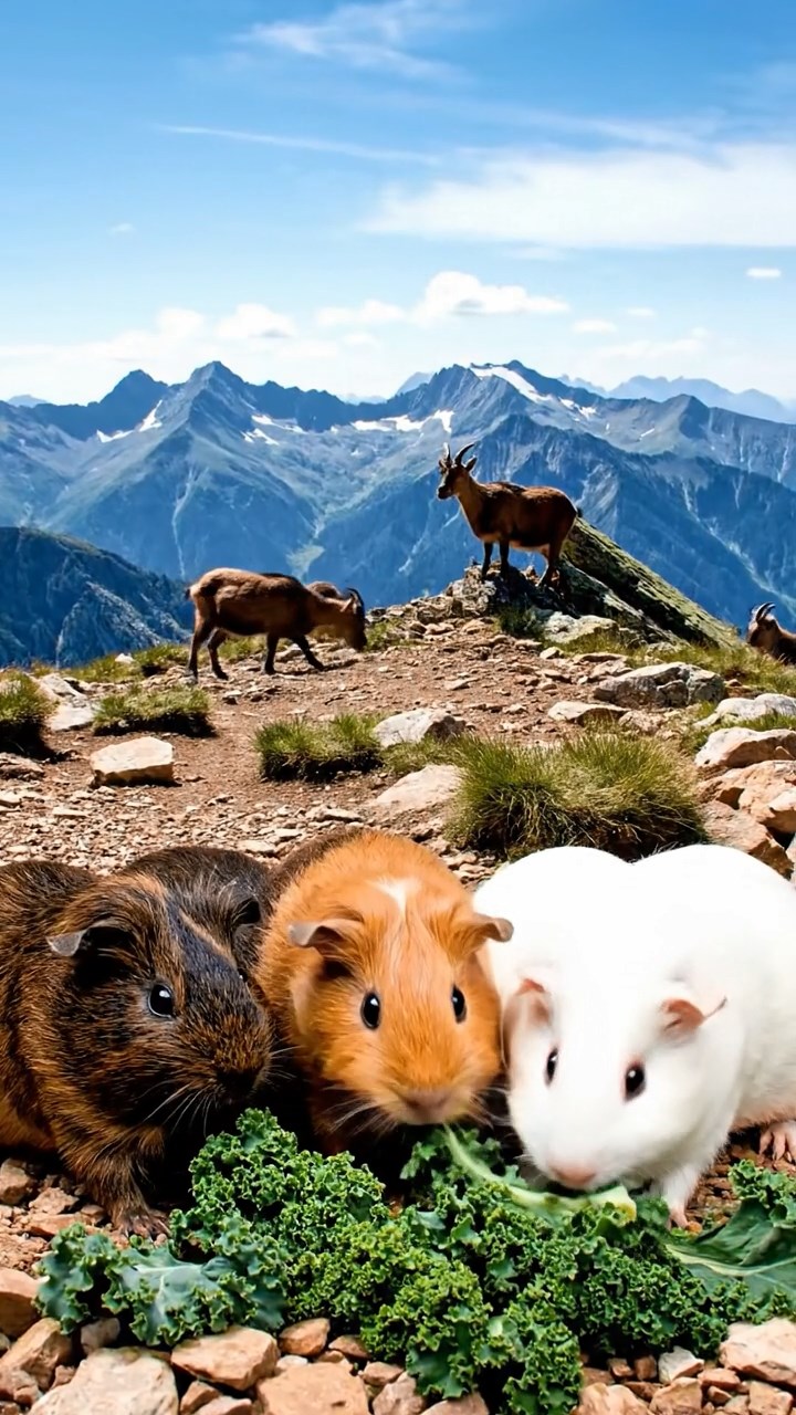 705. Detailed photo of 5 smooth-haired American guinea pigs with White, Orange, Gray, Black, and Brown fur, nest-building with twigs and grass in a tranquil forest glade with soft ferns and a babbling brook, under gentle morning light, creating a vivid, realistic scene of cooperative effort.