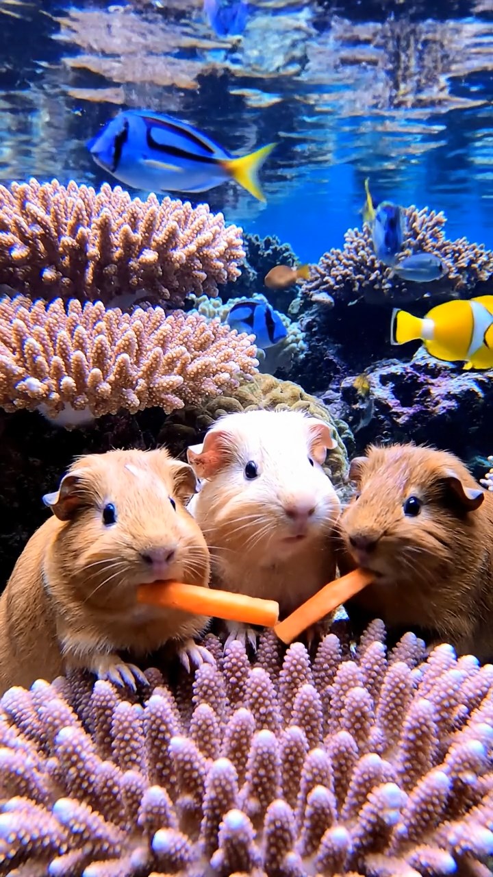 707. Highly detailed view of 2 smooth-haired Himalayan guinea pigs with Fawn and Sable fur, dressed as journalists in tiny vests, taking notes in a guinea pig newsroom with hay desks and miniature typewriters, under bright lights, creating a realistic, bustling scene.