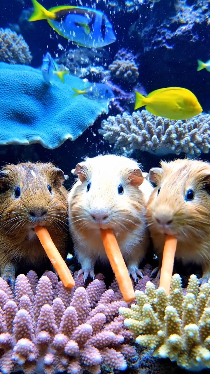 707. Highly detailed view of 2 smooth-haired Himalayan guinea pigs with Fawn and Sable fur, dressed as journalists in tiny vests, taking notes in a guinea pig newsroom with hay desks and miniature typewriters, under bright lights, creating a realistic, bustling scene.