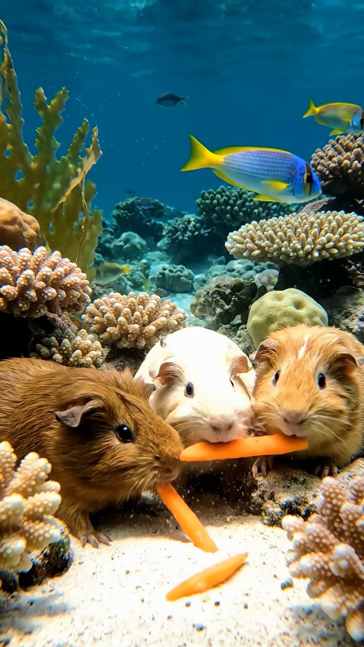 707. Highly detailed view of 2 smooth-haired Himalayan guinea pigs with Fawn and Sable fur, dressed as journalists in tiny vests, taking notes in a guinea pig newsroom with hay desks and miniature typewriters, under bright lights, creating a realistic, bustling scene.