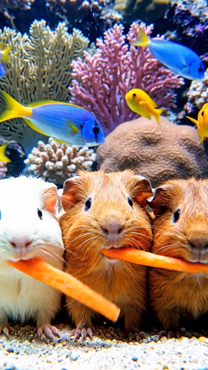 707. Highly detailed view of 2 smooth-haired Himalayan guinea pigs with Fawn and Sable fur, dressed as journalists in tiny vests, taking notes in a guinea pig newsroom with hay desks and miniature typewriters, under bright lights, creating a realistic, bustling scene.