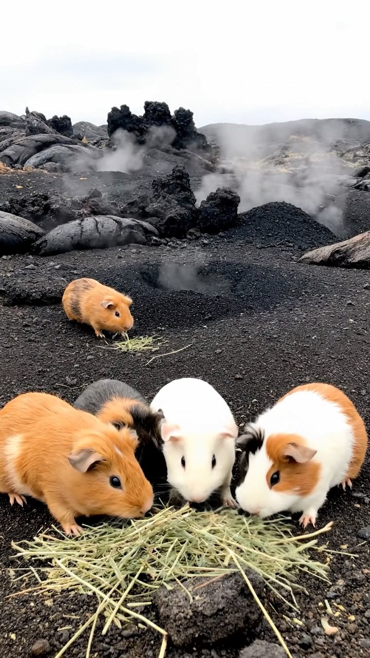709. Detailed photo of 4 smooth-haired American guinea pigs with White, Orange, Black, and Brown fur, dressed as architects in tiny hard hats, designing miniature buildings in a guinea pig office with hay models and wooden desks, under soft daylight, creating a vivid, realistic professional scene.