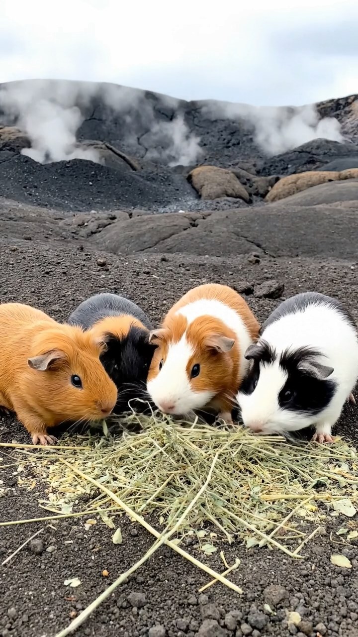 709. Detailed photo of 4 smooth-haired American guinea pigs with White, Orange, Black, and Brown fur, dressed as architects in tiny hard hats, designing miniature buildings in a guinea pig office with hay models and wooden desks, under soft daylight, creating a vivid, realistic professional scene.