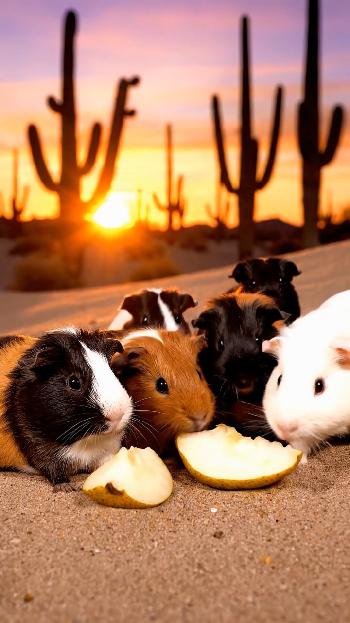 711. Highly detailed view of 1 smooth-haired Himalayan guinea pig with White fur, chewing on fresh broccoli, in a vibrant vegetable garden with rows of carrots and lettuce, under bright sunlight, creating a realistic, colorful rural scene of peaceful foraging.