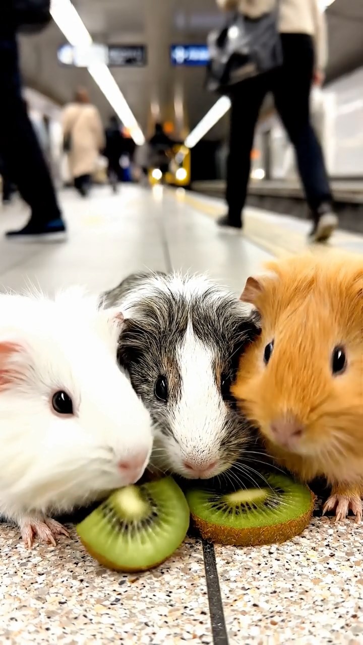 714. Photorealistic scene of 4 smooth-haired Teddy guinea pigs with Fawn, Chocolate, Cinnamon, and Sable fur, dressed as scientists in tiny lab coats, conducting experiments in a guinea pig laboratory with miniature beakers and hay benches, under bright lights, capturing a realistic, intellectual moment.