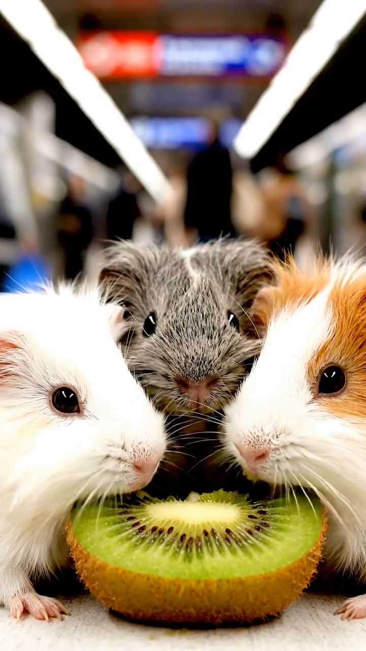 714. Photorealistic scene of 4 smooth-haired Teddy guinea pigs with Fawn, Chocolate, Cinnamon, and Sable fur, dressed as scientists in tiny lab coats, conducting experiments in a guinea pig laboratory with miniature beakers and hay benches, under bright lights, capturing a realistic, intellectual moment.