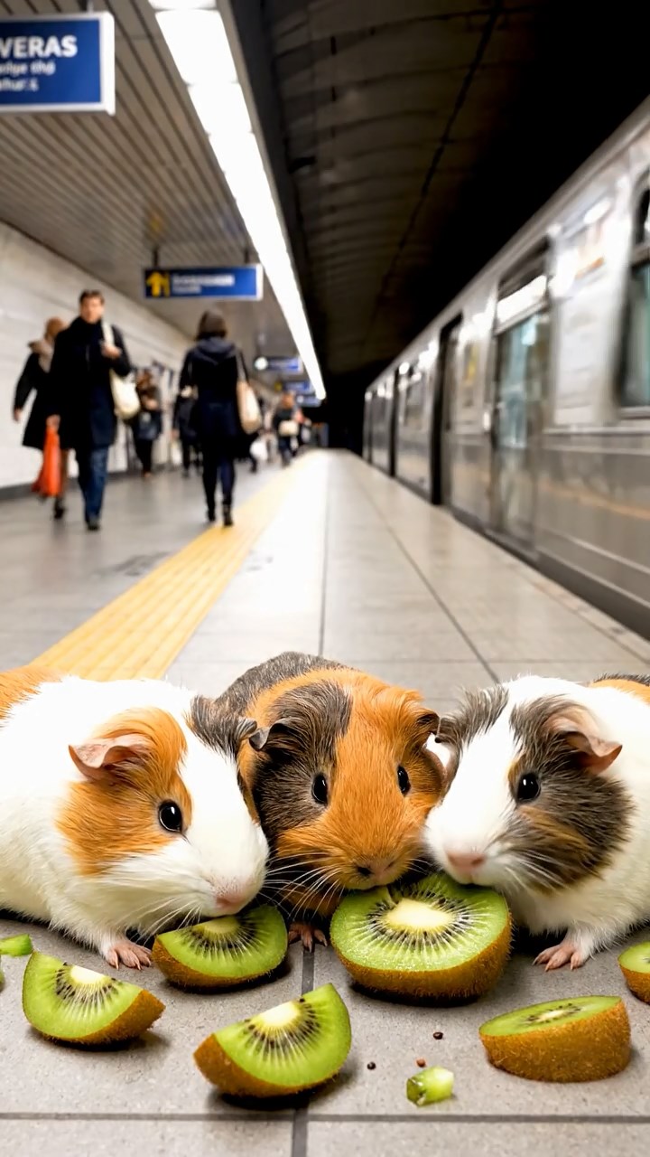 714. Photorealistic scene of 4 smooth-haired Teddy guinea pigs with Fawn, Chocolate, Cinnamon, and Sable fur, dressed as scientists in tiny lab coats, conducting experiments in a guinea pig laboratory with miniature beakers and hay benches, under bright lights, capturing a realistic, intellectual moment.