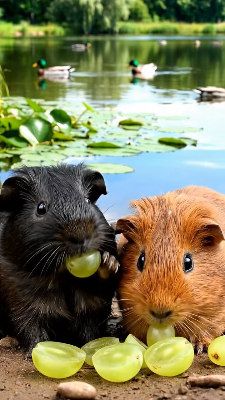 715. Highly detailed view of 5 smooth-haired Himalayan guinea pigs with White, Orange, Gray, Black, and Brown fur, snuggling for warmth in a cozy nest of grass and twigs in a tranquil meadow with wildflowers, under soft morning light, creating a realistic, heartwarming scene.