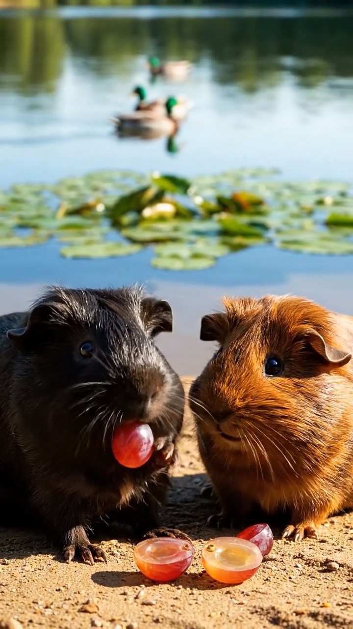 715. Highly detailed view of 5 smooth-haired Himalayan guinea pigs with White, Orange, Gray, Black, and Brown fur, snuggling for warmth in a cozy nest of grass and twigs in a tranquil meadow with wildflowers, under soft morning light, creating a realistic, heartwarming scene.