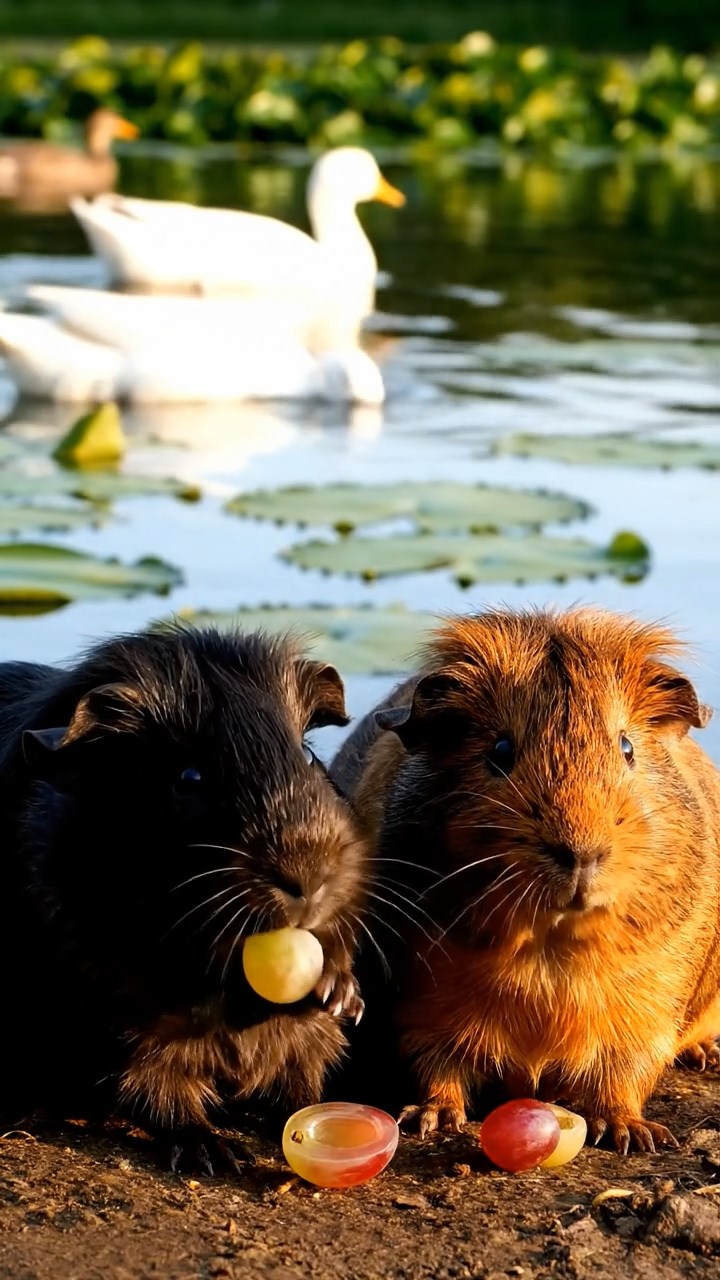 715. Highly detailed view of 5 smooth-haired Himalayan guinea pigs with White, Orange, Gray, Black, and Brown fur, snuggling for warmth in a cozy nest of grass and twigs in a tranquil meadow with wildflowers, under soft morning light, creating a realistic, heartwarming scene.
