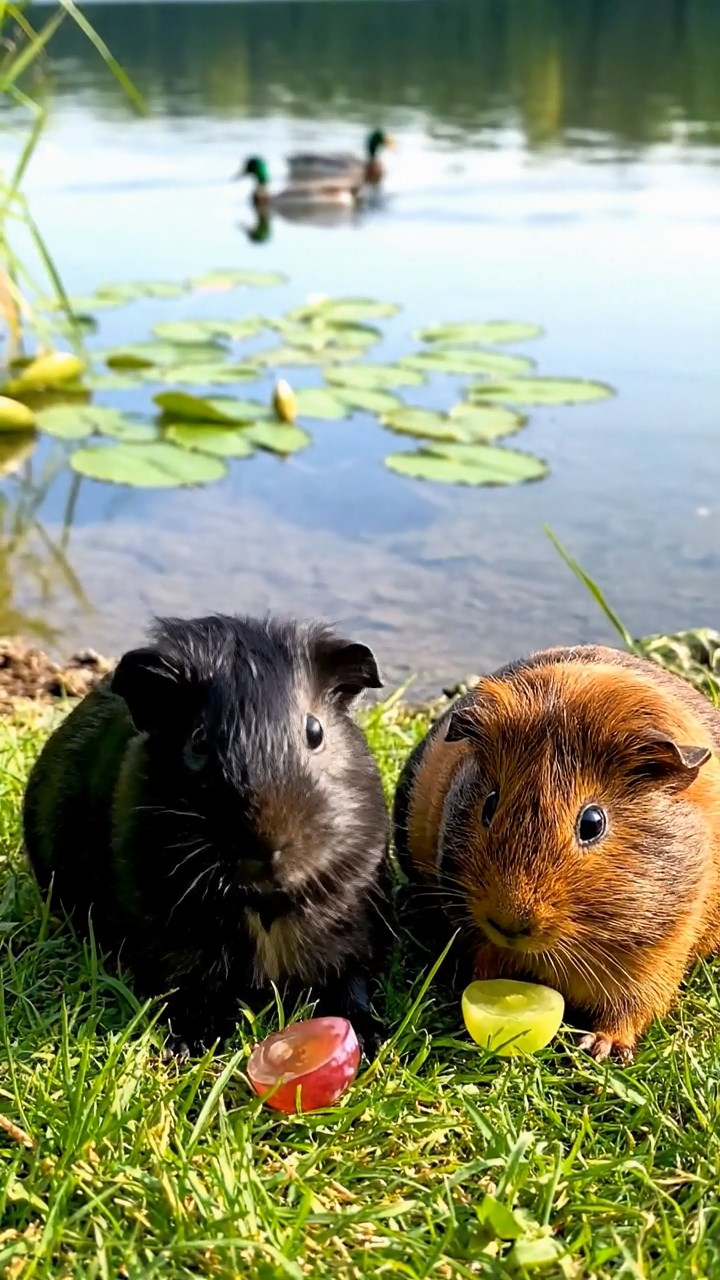 715. Highly detailed view of 5 smooth-haired Himalayan guinea pigs with White, Orange, Gray, Black, and Brown fur, snuggling for warmth in a cozy nest of grass and twigs in a tranquil meadow with wildflowers, under soft morning light, creating a realistic, heartwarming scene.
