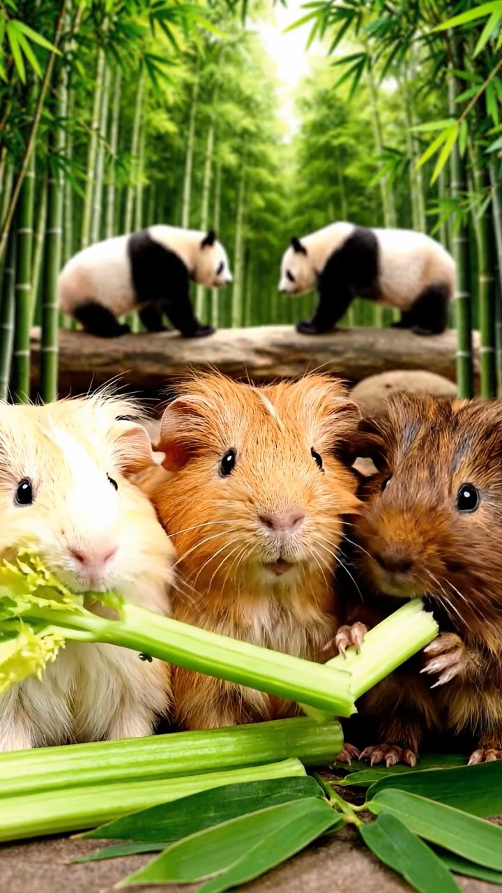 716. Realistic scene of 1 smooth-haired Californian guinea pig with Cream fur, munching on strawberries, in a fragrant citrus orchard with rows of orange trees glistening with dew, under warm sunlight, capturing a vivid, lifelike rural moment.