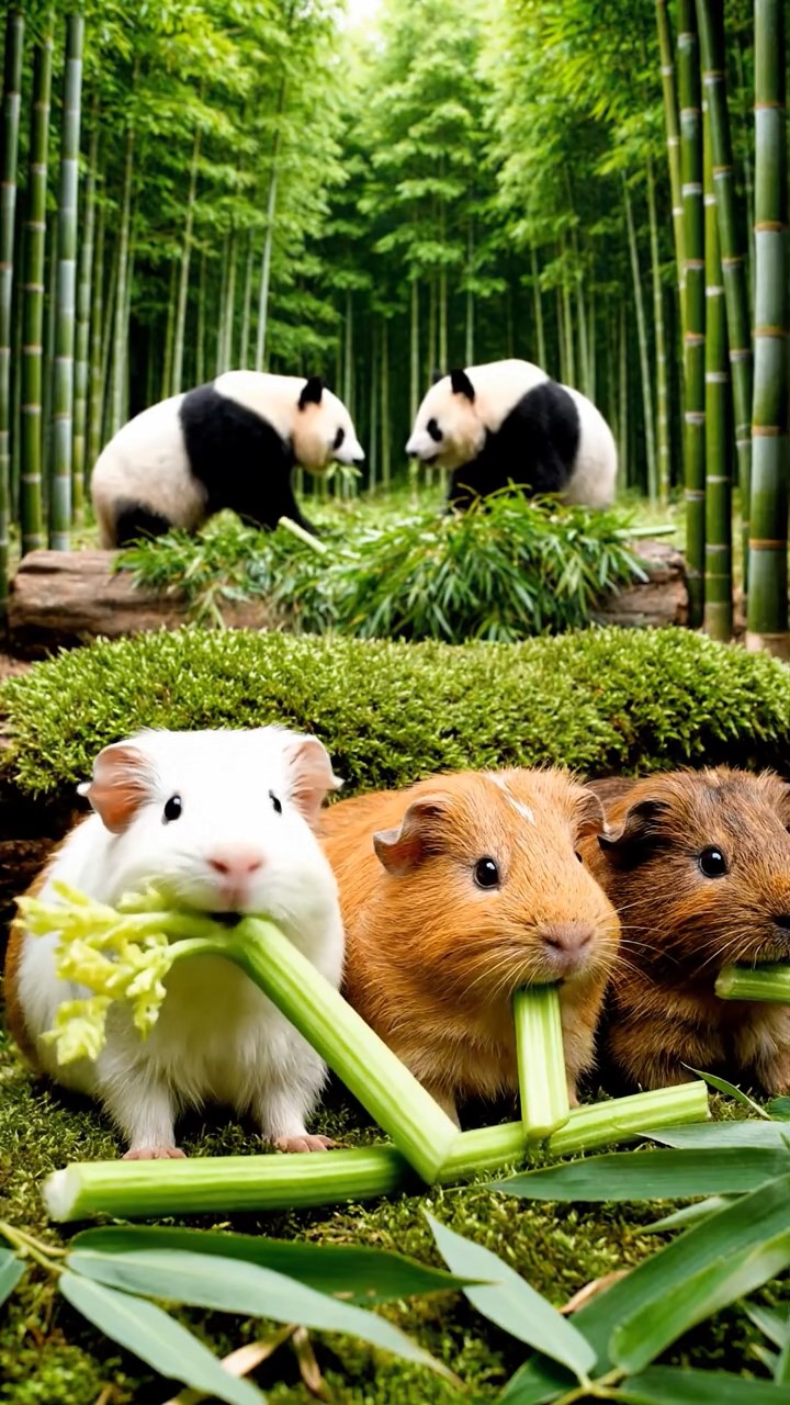 716. Realistic scene of 1 smooth-haired Californian guinea pig with Cream fur, munching on strawberries, in a fragrant citrus orchard with rows of orange trees glistening with dew, under warm sunlight, capturing a vivid, lifelike rural moment.