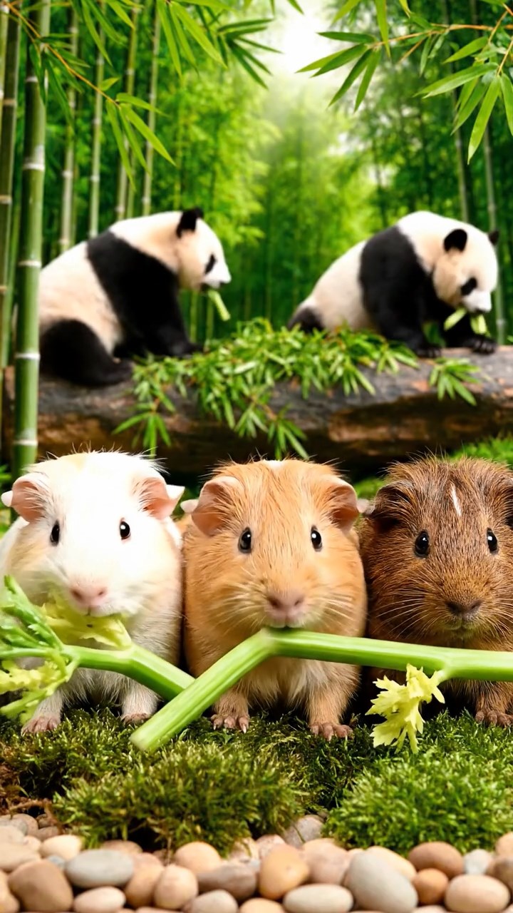 716. Realistic scene of 1 smooth-haired Californian guinea pig with Cream fur, munching on strawberries, in a fragrant citrus orchard with rows of orange trees glistening with dew, under warm sunlight, capturing a vivid, lifelike rural moment.