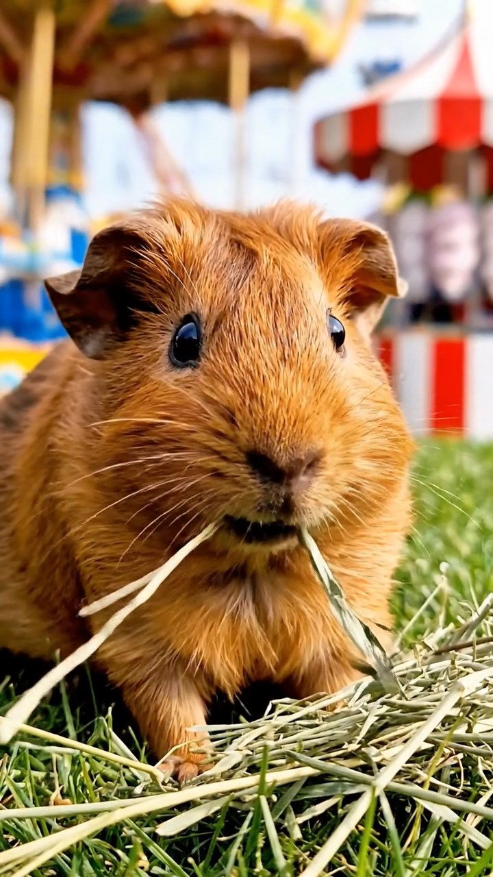 717. Detailed photo of 2 smooth-haired American guinea pigs with Fawn and Sable fur, dressed as bakers in tiny aprons, baking bread in a guinea pig bakery with hay ovens and wooden counters, under soft lamplight, creating a realistic, cozy culinary scene.
