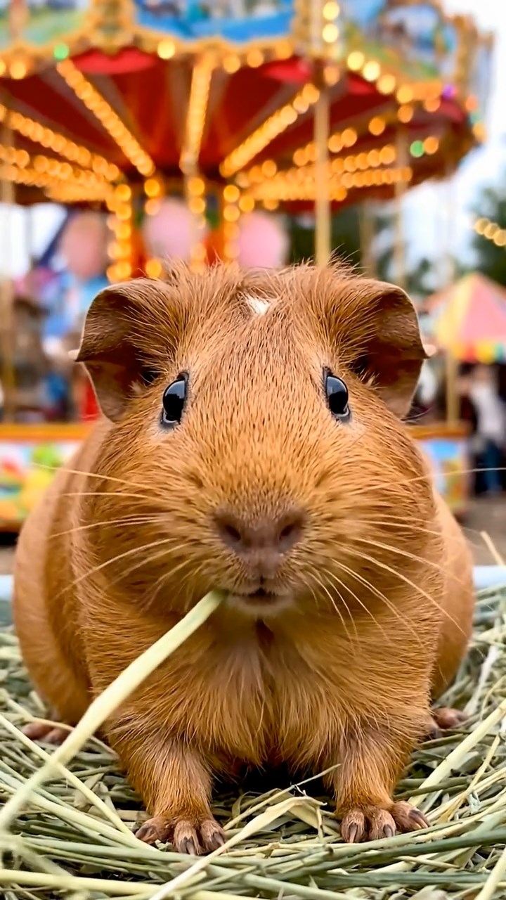 717. Detailed photo of 2 smooth-haired American guinea pigs with Fawn and Sable fur, dressed as bakers in tiny aprons, baking bread in a guinea pig bakery with hay ovens and wooden counters, under soft lamplight, creating a realistic, cozy culinary scene.
