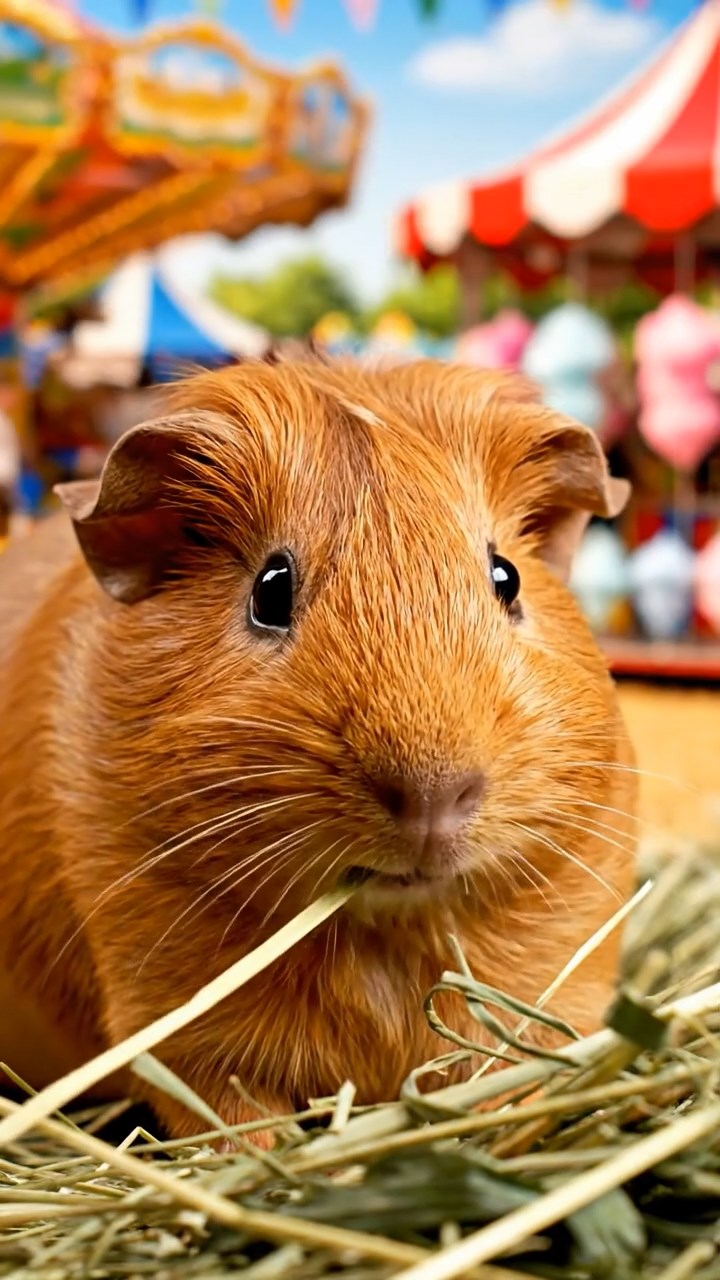 717. Detailed photo of 2 smooth-haired American guinea pigs with Fawn and Sable fur, dressed as bakers in tiny aprons, baking bread in a guinea pig bakery with hay ovens and wooden counters, under soft lamplight, creating a realistic, cozy culinary scene.