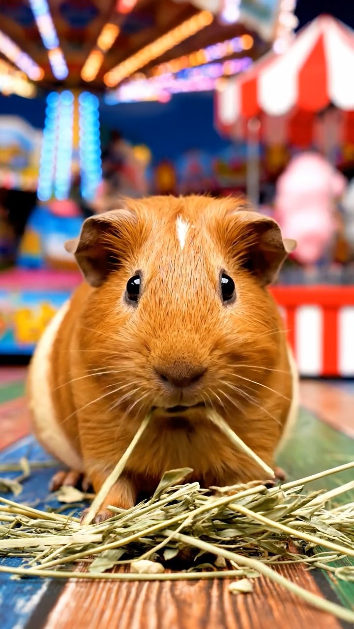 717. Detailed photo of 2 smooth-haired American guinea pigs with Fawn and Sable fur, dressed as bakers in tiny aprons, baking bread in a guinea pig bakery with hay ovens and wooden counters, under soft lamplight, creating a realistic, cozy culinary scene.