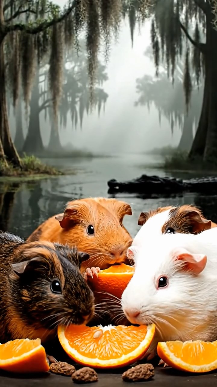 718. Photorealistic scene of 3 smooth-haired Teddy guinea pigs with Chocolate, Cinnamon, and Gray fur, exploring a maze of twigs and grass in a forested clearing with soft moss and scattered leaves, under dappled sunlight, enhancing the authentic, adventurous atmosphere.