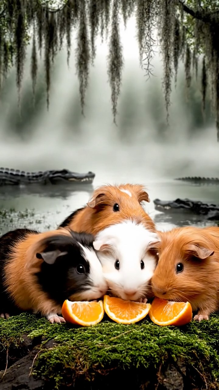 718. Photorealistic scene of 3 smooth-haired Teddy guinea pigs with Chocolate, Cinnamon, and Gray fur, exploring a maze of twigs and grass in a forested clearing with soft moss and scattered leaves, under dappled sunlight, enhancing the authentic, adventurous atmosphere.
