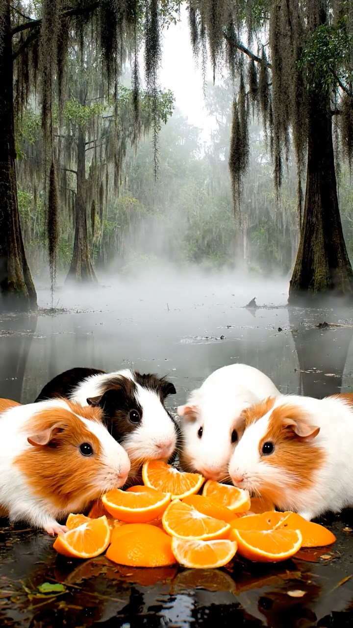 718. Photorealistic scene of 3 smooth-haired Teddy guinea pigs with Chocolate, Cinnamon, and Gray fur, exploring a maze of twigs and grass in a forested clearing with soft moss and scattered leaves, under dappled sunlight, enhancing the authentic, adventurous atmosphere.