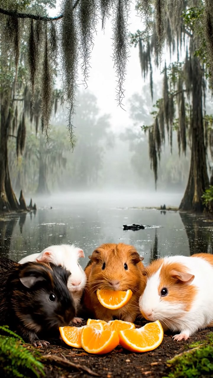 718. Photorealistic scene of 3 smooth-haired Teddy guinea pigs with Chocolate, Cinnamon, and Gray fur, exploring a maze of twigs and grass in a forested clearing with soft moss and scattered leaves, under dappled sunlight, enhancing the authentic, adventurous atmosphere.
