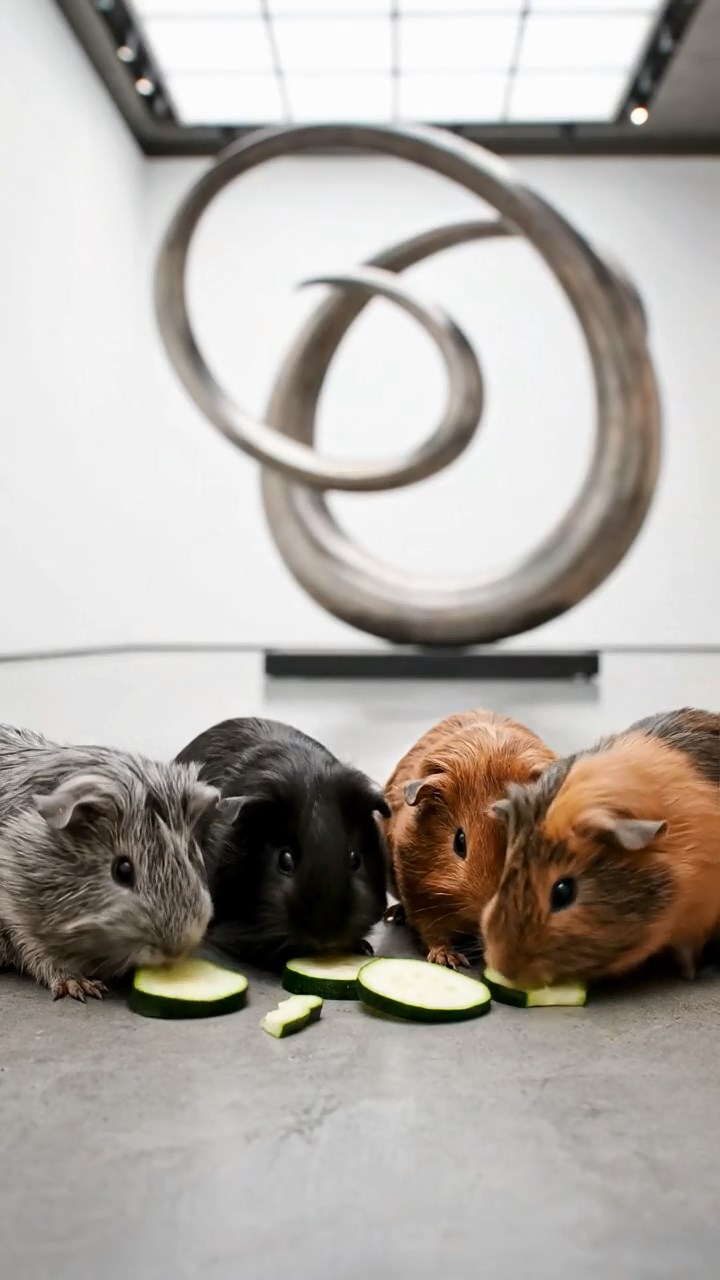 719. Highly detailed view of 4 smooth-haired Himalayan guinea pigs with White, Orange, Black, and Brown fur, dressed as writers in tiny scarves, typing stories in a guinea pig study with miniature books and hay desks, under warm lamplight, creating a vivid, realistic literary scene.