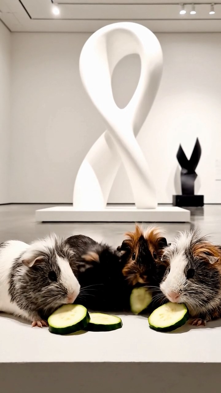 719. Highly detailed view of 4 smooth-haired Himalayan guinea pigs with White, Orange, Black, and Brown fur, dressed as writers in tiny scarves, typing stories in a guinea pig study with miniature books and hay desks, under warm lamplight, creating a vivid, realistic literary scene.