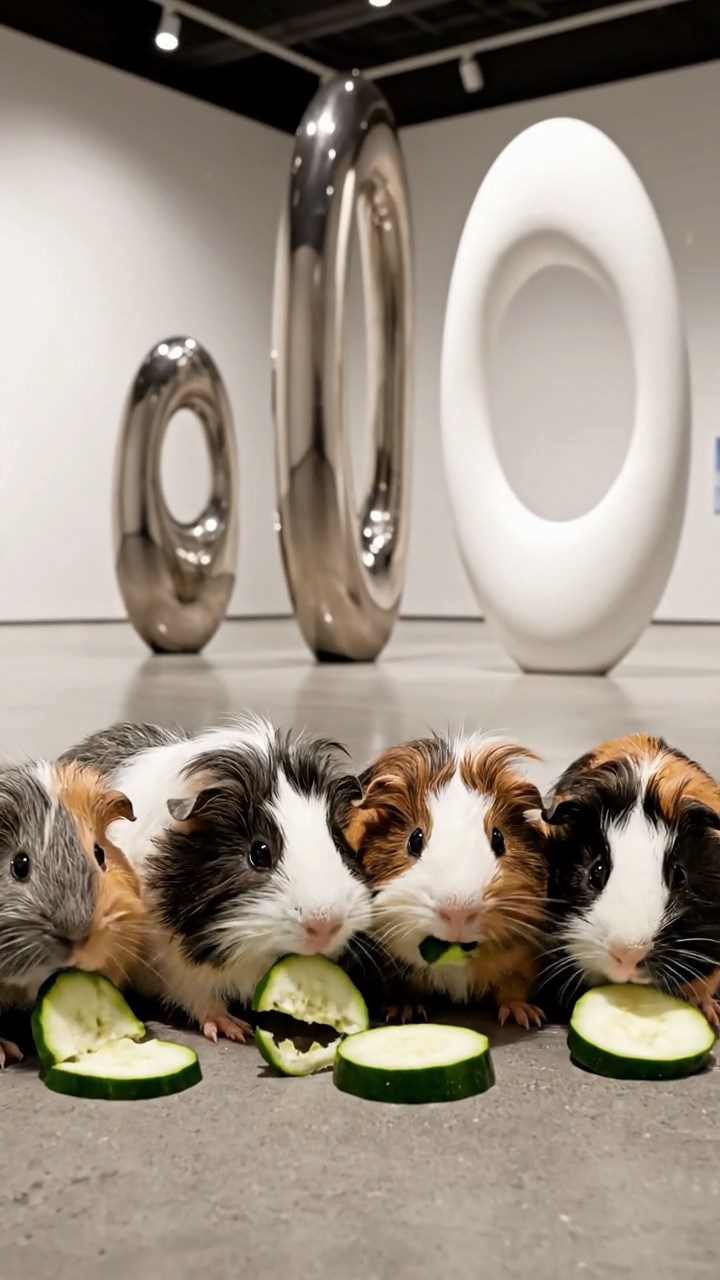 719. Highly detailed view of 4 smooth-haired Himalayan guinea pigs with White, Orange, Black, and Brown fur, dressed as writers in tiny scarves, typing stories in a guinea pig study with miniature books and hay desks, under warm lamplight, creating a vivid, realistic literary scene.