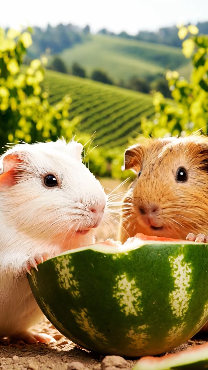 720. Realistic scene of 5 smooth-haired Californian guinea pigs with Cream, Fawn, Sable, Gray, and Cinnamon fur, sleeping in a cozy pile in a lush meadow with wildflowers and a gentle breeze, under golden sunlight, capturing a lifelike, tranquil group moment.