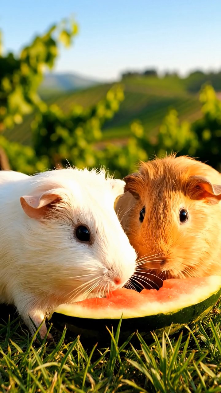 720. Realistic scene of 5 smooth-haired Californian guinea pigs with Cream, Fawn, Sable, Gray, and Cinnamon fur, sleeping in a cozy pile in a lush meadow with wildflowers and a gentle breeze, under golden sunlight, capturing a lifelike, tranquil group moment.
