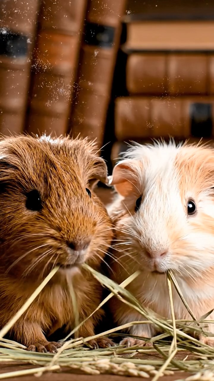 724. Realistic scene of 4 smooth-haired Californian guinea pigs with Fawn, Chocolate, Cinnamon, and Sable fur, dressed as firefighters in tiny uniforms, extinguishing a pretend fire in a guinea pig village with hay houses, under glowing streetlights, capturing a heroic, lifelike moment.