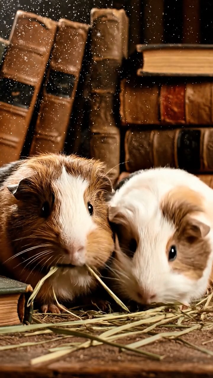 724. Realistic scene of 4 smooth-haired Californian guinea pigs with Fawn, Chocolate, Cinnamon, and Sable fur, dressed as firefighters in tiny uniforms, extinguishing a pretend fire in a guinea pig village with hay houses, under glowing streetlights, capturing a heroic, lifelike moment.