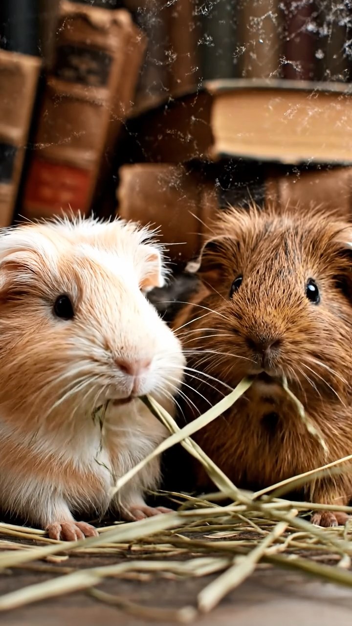 724. Realistic scene of 4 smooth-haired Californian guinea pigs with Fawn, Chocolate, Cinnamon, and Sable fur, dressed as firefighters in tiny uniforms, extinguishing a pretend fire in a guinea pig village with hay houses, under glowing streetlights, capturing a heroic, lifelike moment.