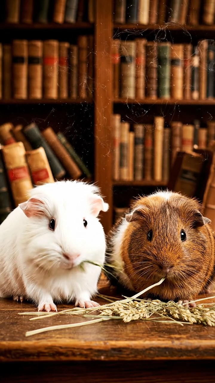 724. Realistic scene of 4 smooth-haired Californian guinea pigs with Fawn, Chocolate, Cinnamon, and Sable fur, dressed as firefighters in tiny uniforms, extinguishing a pretend fire in a guinea pig village with hay houses, under glowing streetlights, capturing a heroic, lifelike moment.